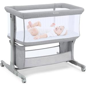 Ezebaby Bedside Bassinet for Baby, Portable Baby Bassinet Bedside Sleeper for Newborn Infants with Wheels Storage Basket, Adjustable 7 Heights and All Mesh Sides (Light Gray)