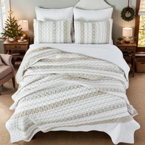 King Size Quilt Set Cotton White Beige Patchwork Waffle Quilts Modern Farmhouse Waffle Quilted Comforter Set 3-Piece