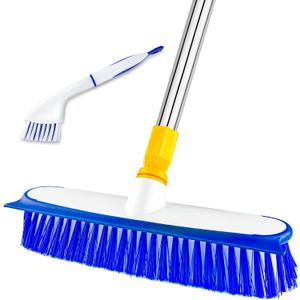 ITTAHO Floor Scrub Brush, 2 in 1 Deck Scrub Brush with Long Handle, Deck Cleaning Brush, Scrub Broom for Tile Floor, Deck, Patio, Marble ,Garage, Wall, Kitchen, Bathroom (12")
