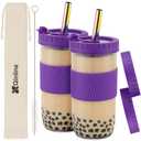 Reusable Glass Mason Jars Cups with Lids and Straws Silicone Sleeves, 2 Pack 24Oz Wide Mouth Smoothie Cups Glass Bubble Tea Cup Leakproof drinking glasses Travel Tumbler for Large Pearl Birthday Gifts