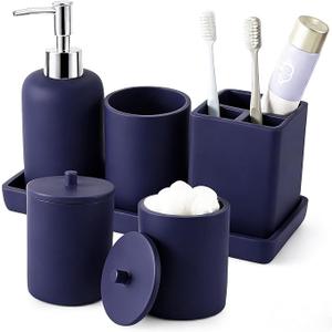 Resin 6 Pcs Navy Blue Bathroom Set Complete with Toothbrush Holder, Lotion Soap Dispenser, 2 Qtip Holder Dispensers,Vanity Tray,Bathroom Tumbler Countertop Vanity Organizer Bathroom Accessories