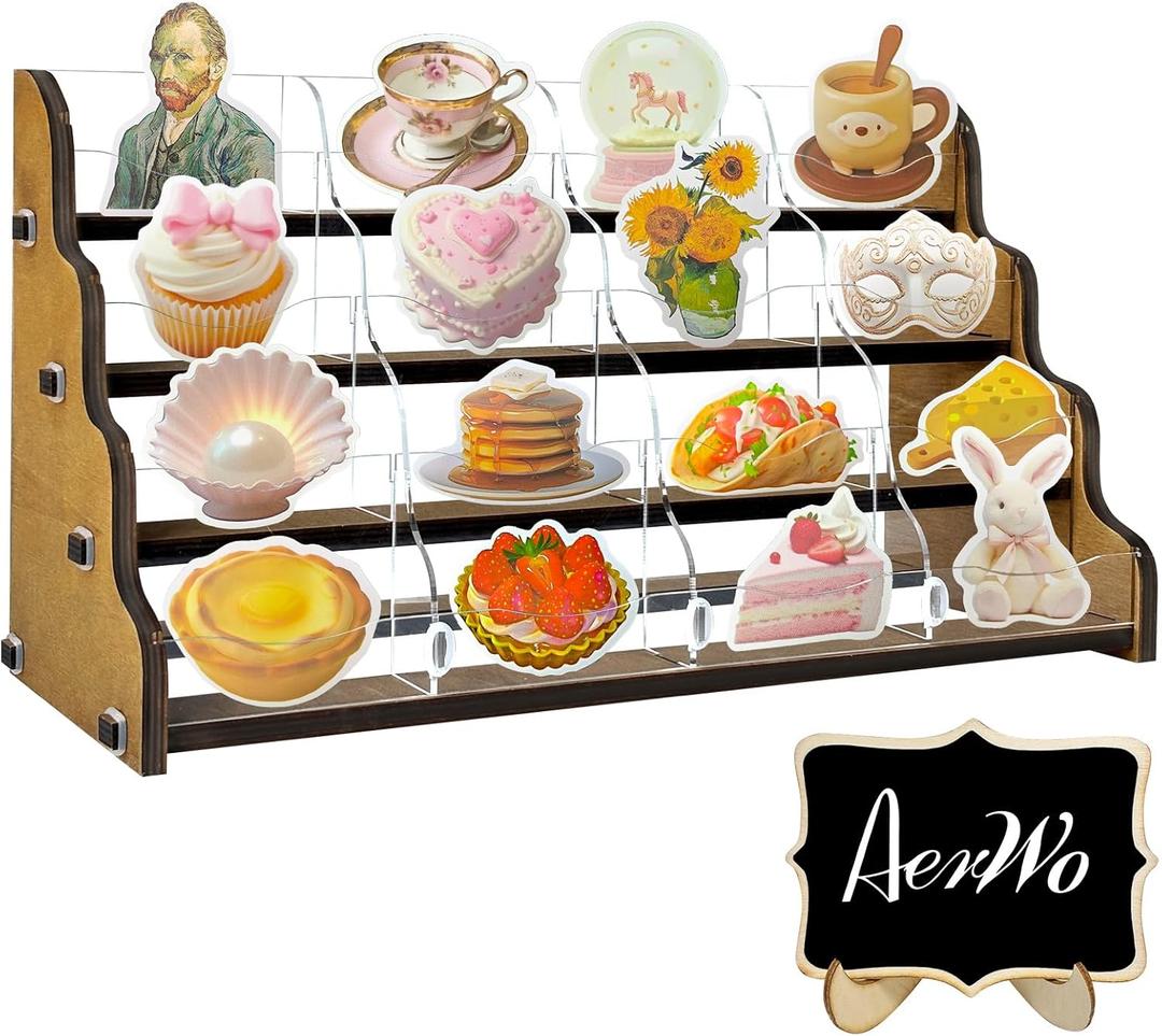 AerWo Sticker Display Stand, Greeting Card Display Stand for Vendor, 4 Tier 16 Shelves Portable Wooden Stickers Display Rack for Retail Counter Events for Postcard Brochure Photos Picture Display (Brown)