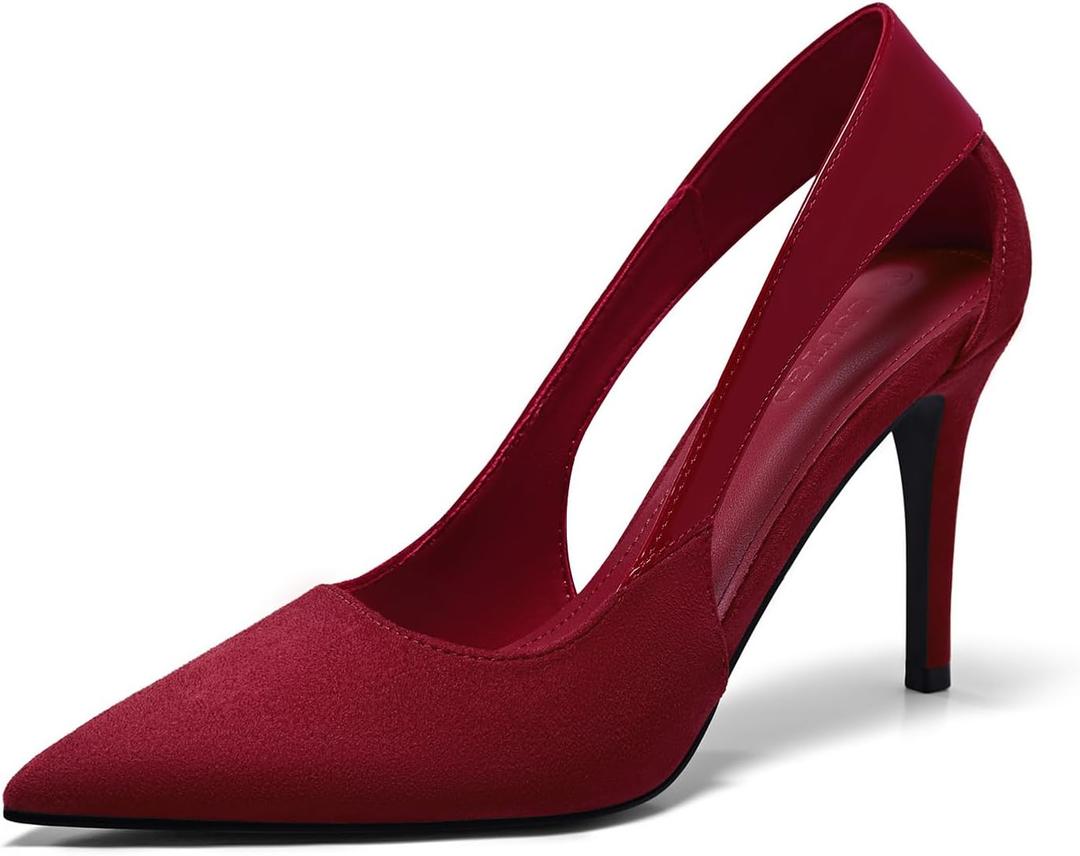 Coutgo Womens Dressy Heels Shoes Closed Pointed Toe Cut Out Pumps Casual Work Shoes, Red Wine, Size 8.5