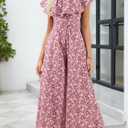 Gardenwed Women's Floral Wide Leg Jumpsuit, Ruffle Short Sleeve Square Neck Summer Casual Palazzo Romper with Pockets (S)