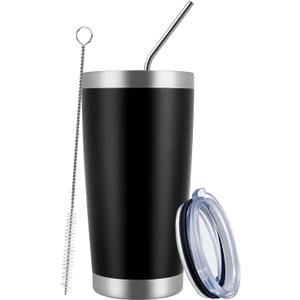 MEWAY 20oz Tumbler Cup Double Wall Vacuum Insulated Travel Mug Bulk, Stainless Steel Tumblers with Lid and Straw, Durable Powder Coated Coffee Cups for Cold & Hot Drinks (Black, 1)
