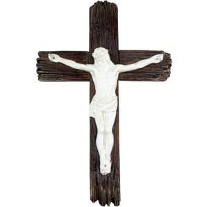 Top Brass Rustic Resin Wall Crucifix  Weathered WoodLook Cross with Gloss White Jesus Figure  Catholic Christian Home Decor Wall Hanging