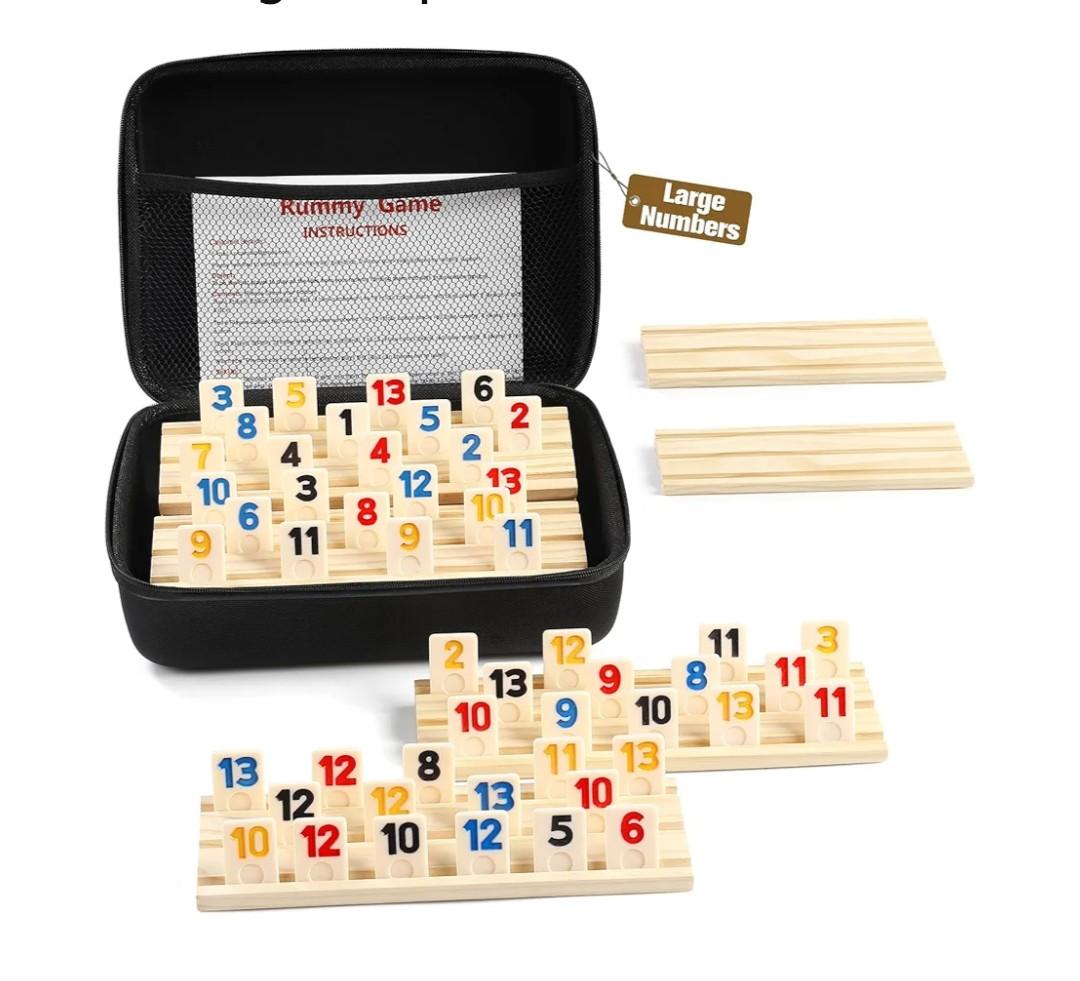 Rummy Cube 6 Player Edition with 6 Wooden Racks/Trays, 160 Large Numbers Rummy Tiles Set with Zippered Case, Rummy Travel Game Set with 6 Tiles Holders - Classic Board Games for Family Adults Kids