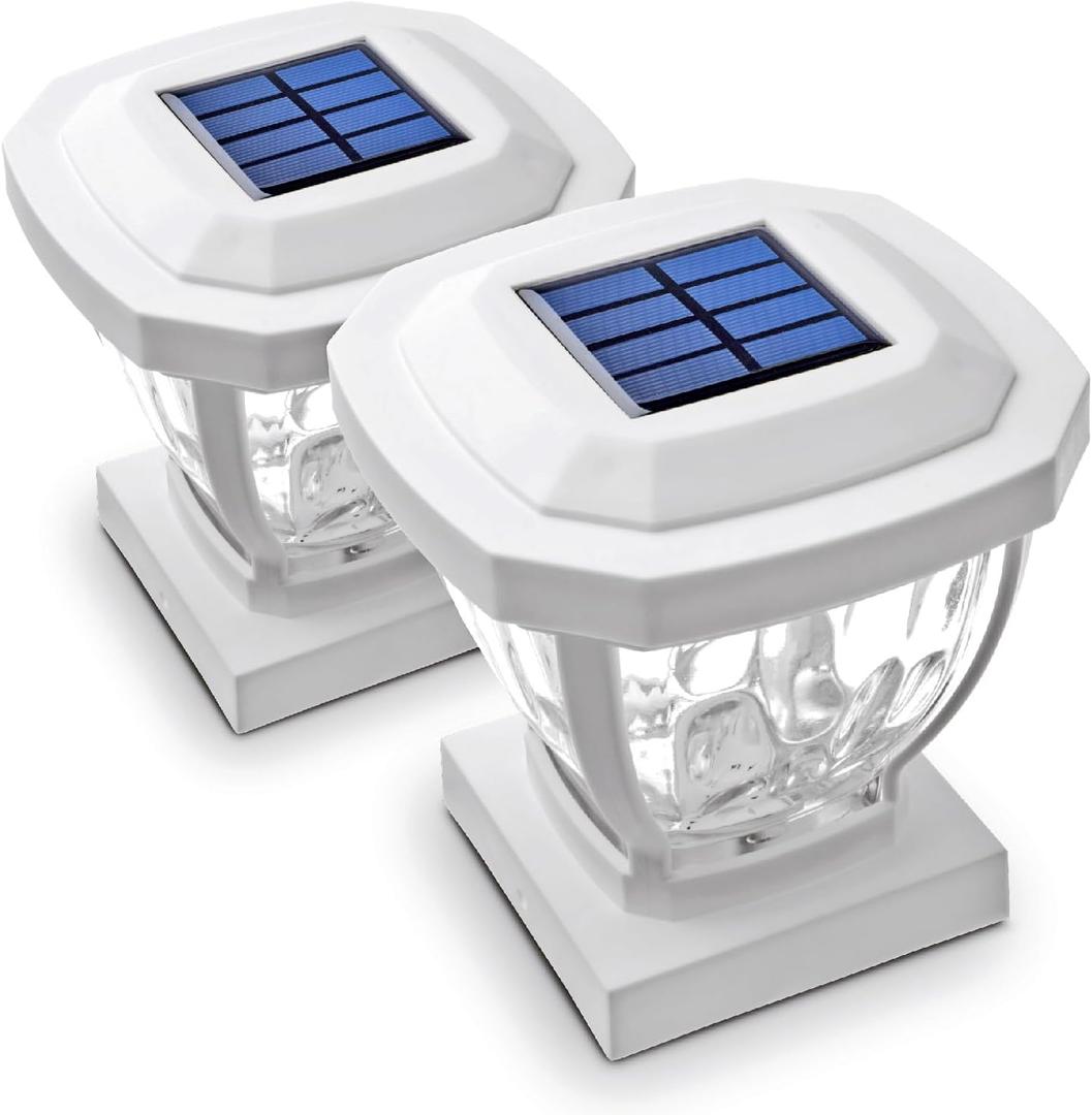 Home Zone Security Solar Post Cap Lights - Decorative Glass LED Outdoor 4x4 (3.5 x 3.5 in.) Post Lights, White (2-Pack)