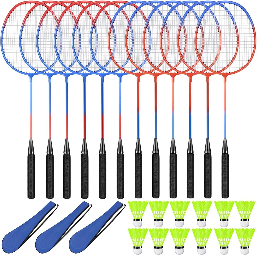 12 Pack Badminton Rackets Set Including Badminton Racquets, Nylon Shuttlecocks and Carry Bag for Outdoor Backyard Games Beginners (Red-Blue)