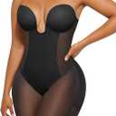 SHAPELLX Strapless Shapewear for Women Deep Plunge Corset Tummy Control Backless Bodysuit Mid Thigh Full Body Shaper (Medium, 03-black-ample Cup(d+))