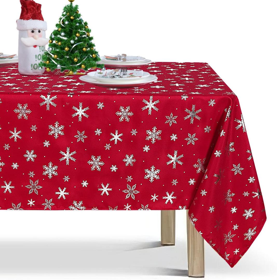 LUSHVIDA Christmas Tablecloth Rectangle - 60x84 inch Snowflakes Foil Print Pattern Washable Wrinkle Resistant Holiday Tablecloths for Christmas Family Gathering, Dining Room Table 130GSM