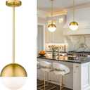 LMS Modern Pendant Lighting Gold Globe Pendant Light Fixture, Mid Century Chandelier One Light Hanging Fixture for Kitchen Island, Adjustable Indoor Lighting for Dinning Room Bedroom, LMS-187 (8" White Glass, 1 pack)