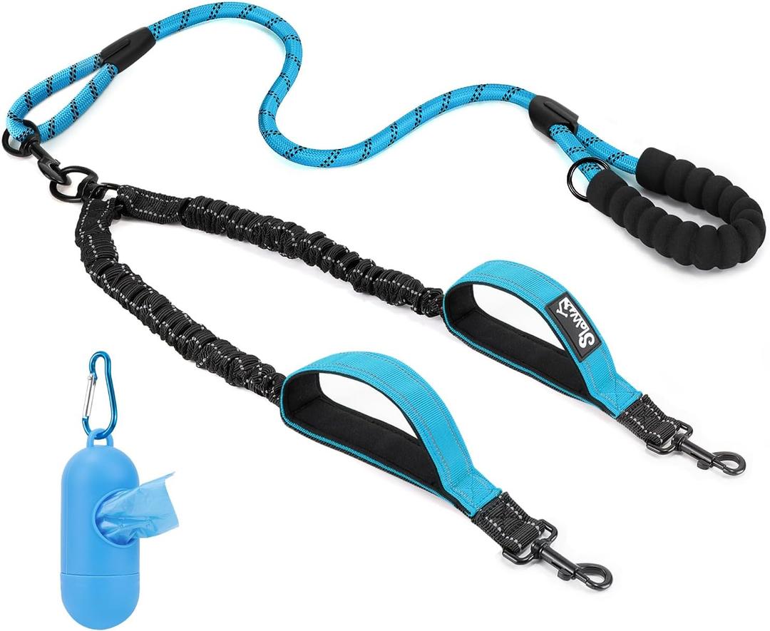 Lukovee Double Dog Leash, No Tangle 360 Swivel Heavy Duty Reflective Lead with Two Padded Handles Dual Dog Splitter, Comfortable Shock Absorbing Walking Training for  Medium Dogs(Blue)