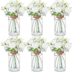 Zeyune 6 Sets Mason Jar Table Centerpiece with Artificial Peony Baby's Breath Flower Centerpieces Faux Flowers with Rope for Wedding Reception Engagement Bridal Shower Rustic Table Decor(White)