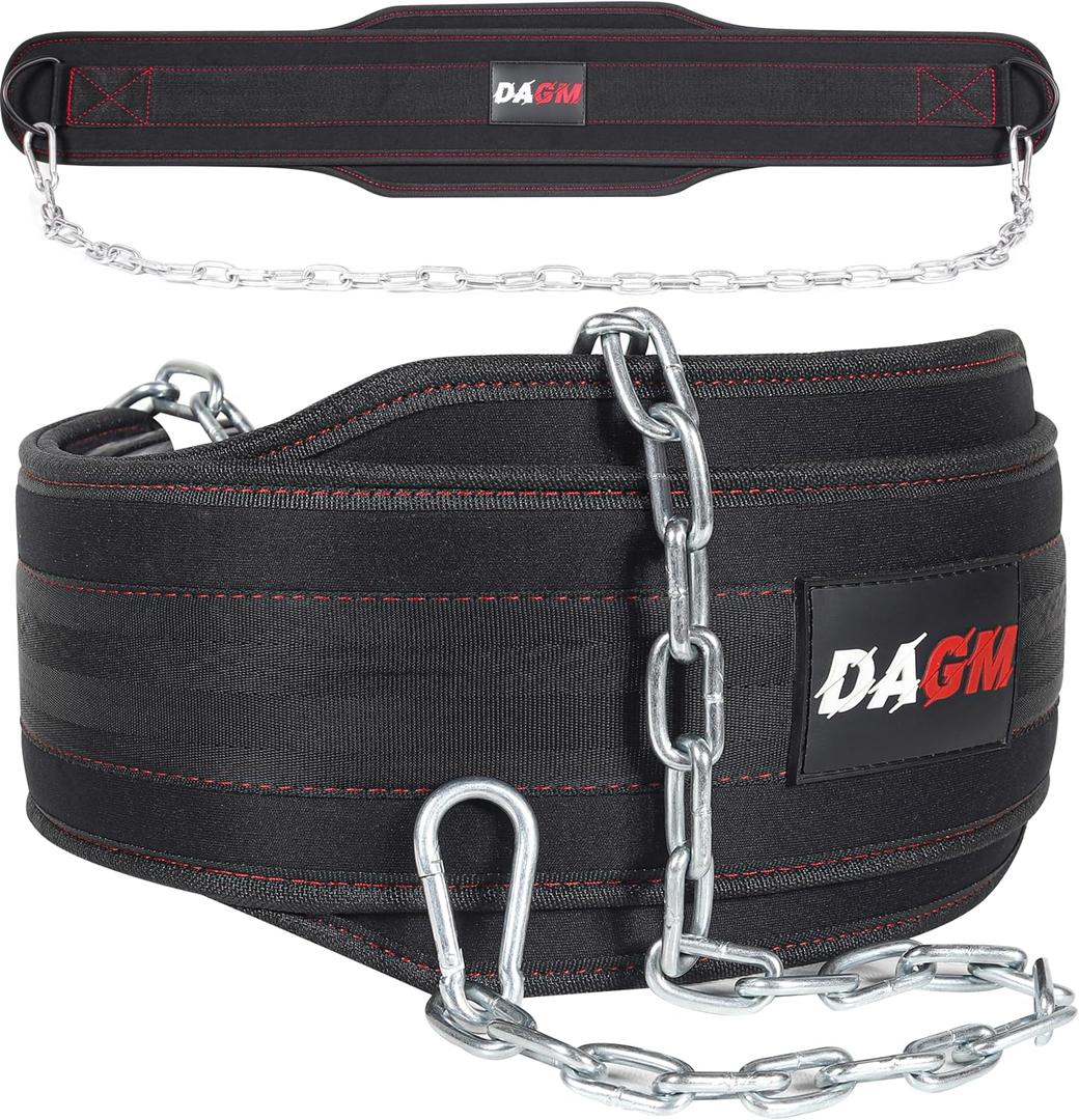 DAGM Dip Belt for Weight Lifting - Upto 650 Lbs Weight Capacity, 38" Steel Chain, Confortable Neoprene Padded Support, Perfect Weighted Belt for Pullups, Dips, Squats, Gym Workout & Crossfit Training (Black)