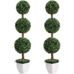 Damomo Artificial Topiaries Ball Trees Outdoor, 3.6ft Faux Boxwood Plants Topiary Triple Ball Tree(2 PCS), Fake Shrubs Trees Potted Decorative Indoor Porch or Garden43inch
