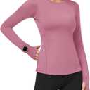 Loovoo Thermal Shirts for Women Long Sleeve Workout Tops Crewneck Fleece Base Layer Running Athletic Tee with Zipper Pocket (Small, 1-grey Pink)
