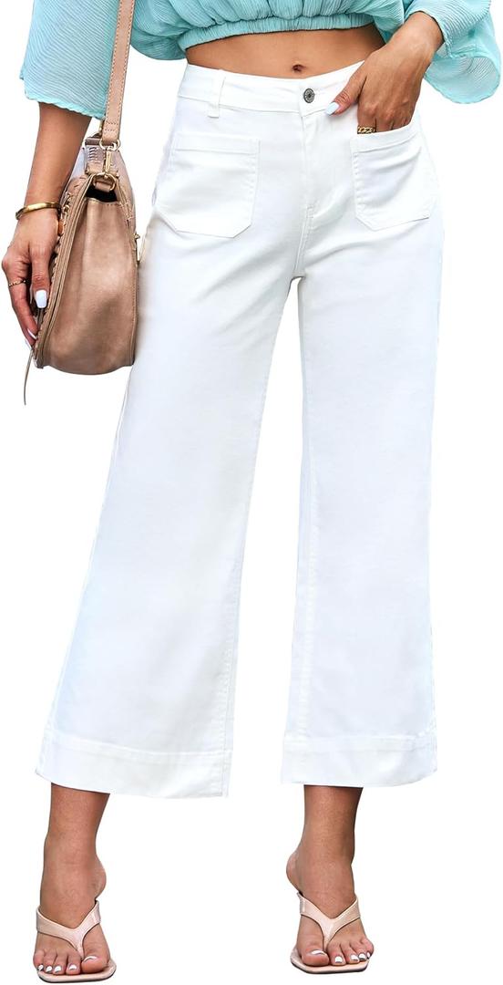 luvamia Wide Leg Jeans for Women Trendy High Waisted Flare Jeans Cropped Denim Pants Stretchy Baggy with Patch Pockets (Large, Cream White)