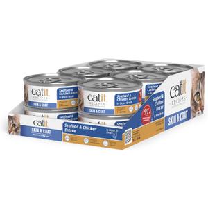 Catit Recipes Skin & Coat Chicken & Seafood Entre High-Protein Wet Cat Food with Tuna, Salmon, Mackerel & Chicken, Omega-3 for Skin & Coat, Prebiotics, Hydrating Bone Broth, Taurine 3oz (12/cs) (EXP 11/01/27)