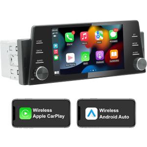 Single Din Touchscreen Radio Wireless/Wired CarPlay & Android Auto, HD IPS Touchscreen Car Stereo Single Din with Bluetooth 5.4, Mirror Link, Volume Knob, FM/SWC/EQ/USB