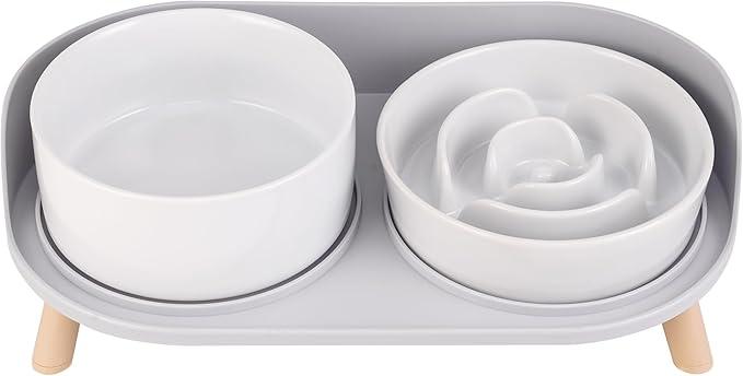 Elevated Slow Feeder Dog Bowls  Ceramic Food and Water Bowl Set with Stand  Raised Pet Dishes for Small and Medium Sized Dogs