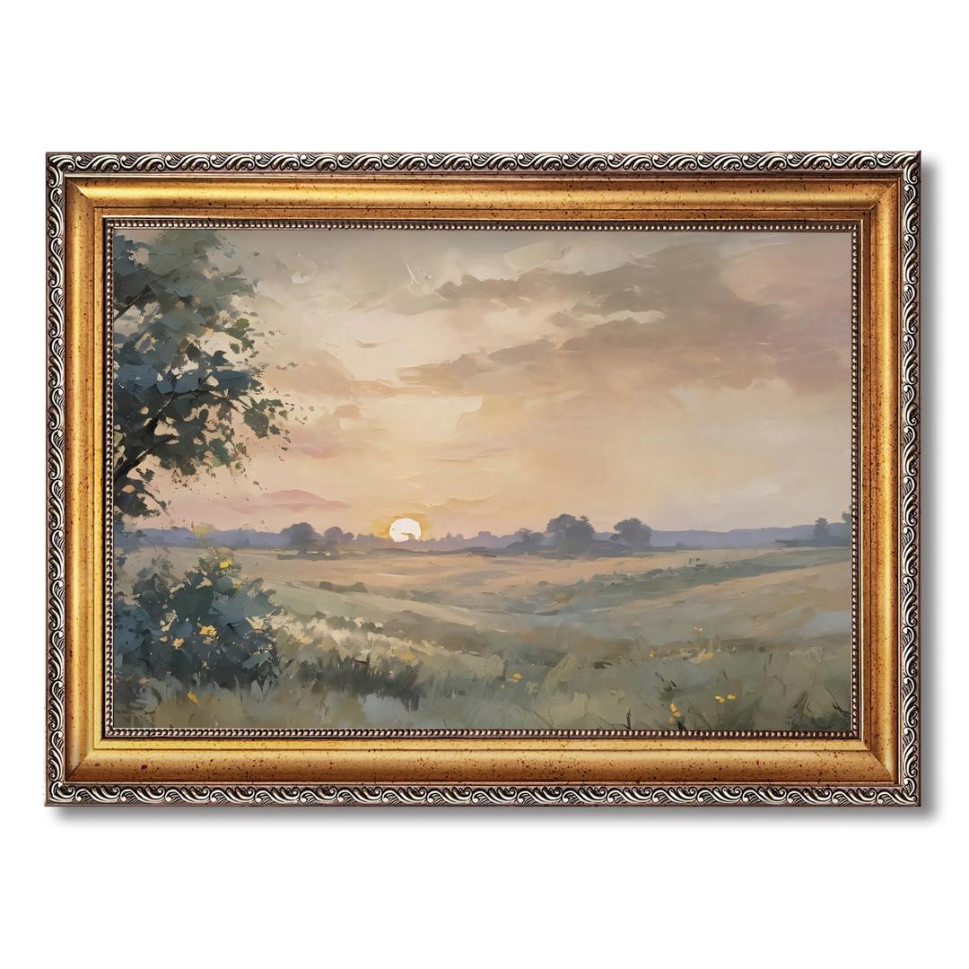 Vintage Sunset Landscape Framed Wall Art Autumn Fields Oil Painting Poster Rustic Horizontal Nature Countryside Scene Canvas Prints Home Interior Decor for Living Room Bedroom 36x24inch