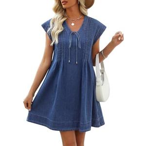 POTILI Denim Dress for Women,V Neck Jean Dresses Short Sleeves Denim Romper Dress with Pockets, Size M