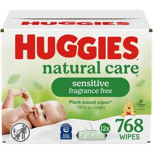 Huggies Natural Care Sensitive Baby Wipes, Unscented, Hypoallergenic, 99% Purified Water, 12 Flip-Top Packs (768 Wipes Total), 