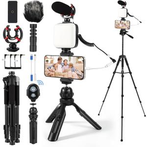 Vlogging Kit for iPhone, Android, YouTube Starter kit Content Creator Equipment with 60'' Extendable Fullsize Tripod, Soft Light and Shotgun Microphone for Vlogging, YouTube, TikTok