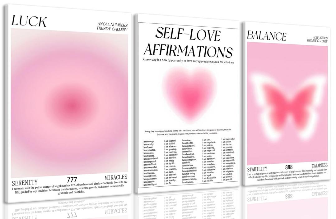 KISSFOX 3 Piece Canvas Wall Art Pink Bow Heart Wall Decor Aura Framed Art Angel Number Self Love Affirmations Pictures Trendy Aesthetic Preppy Paintings For Apartment Dorm Women Girls Bedroom