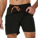SILKWORLD Mens Swimming Trunks with Compression Liner 2 in 1 Quick-Dry Swim Shorts with Zipper Pockets (Large, Black)