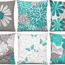 Teal Grey Pillow Covers 18x18 Set of 6 Decorative Daisy Flower Throw Pillow Cover for Couch Modern Turquoise Pillow Case for Patio Living Room Cushion Bed Farmhouse Home Decor