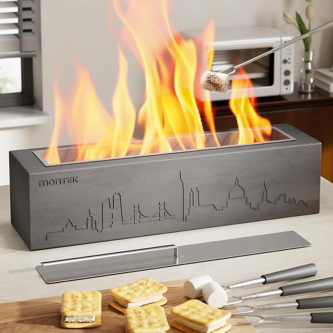 monTEK Tabletop Fire Pit, Concrete Table Top Firepit Indoor Outdoor Decor, Table Top Portable Rubbing Alcohol Fireplace Smores Maker Long Time Burning Smokeless for Patio Balcony with Extinguisher (City Design (without Flame Plate), Gray)