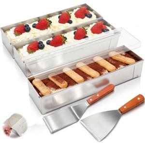 Blushtier 3 Pc Nonstick Rectangle Tiramisu Cake Pan with Acrylic Lid and 2 Metal Spatula Removable Frame 304 Stainless Steel Cake Baking Molds for Tiramisu Cheesecake Mousse (11.81 x 3.94 x 2.56 Inch)