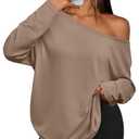 Trendy Queen Womens Off The Shoulder Tops Oversized Tshirts One Shoulder Long Sleeve Fall Outfits 2025 Casual Basic Tees Asymmetrical Fashion Clothes (Khaki, M)