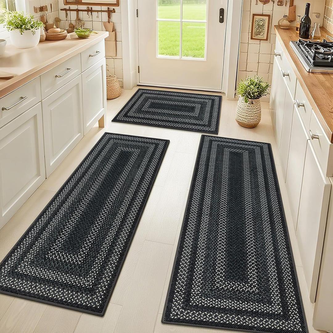 HEBE Washable Kitchen Rugs Sets of 3, Non Slip Absorbent Kitchen Rugs and Mats, Farmhouse Stain Resistant Faux Jute Kitchen Mat Carpet Runner for Kitchen Floor, Laundry Room, Hallway, Black/Grey