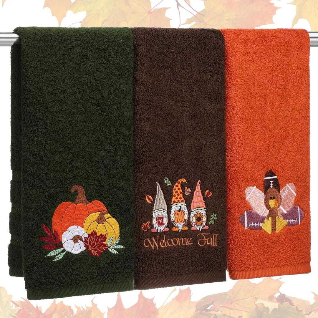 3 Pcs Fall Thanksgiving Hand Towels Embroidered Pumpkin Turkey Gnomes Bathroom Kitchen Dish Towels Seasonal Thanksgiving Decorations for Kitchen Bathroom Decor