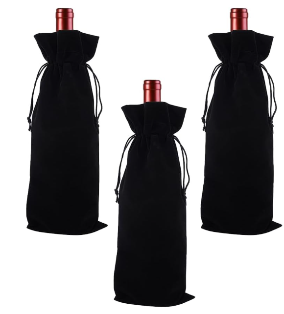 Beebeecraft 3Pcs 14.8x6 Inch Velvet Wine Bags Drawstring Champagne Wine Gift Bags Black Reusable Congrats Drinking Bottle Wrapping Pouches for Birthday Dinner Wedding Party