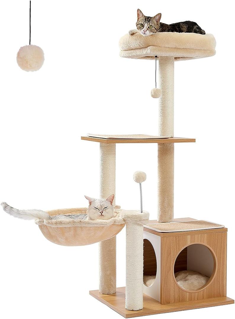 PEQULTI Cat Tree Modern Cat Tower for Indoor Cats,Multilevel Cat Play House with Large Condo, Spacious Hammock, Cozy Top Perch,Scratching Post and Dangling Balls M(18.9"L x 15.8"W x 42"H)