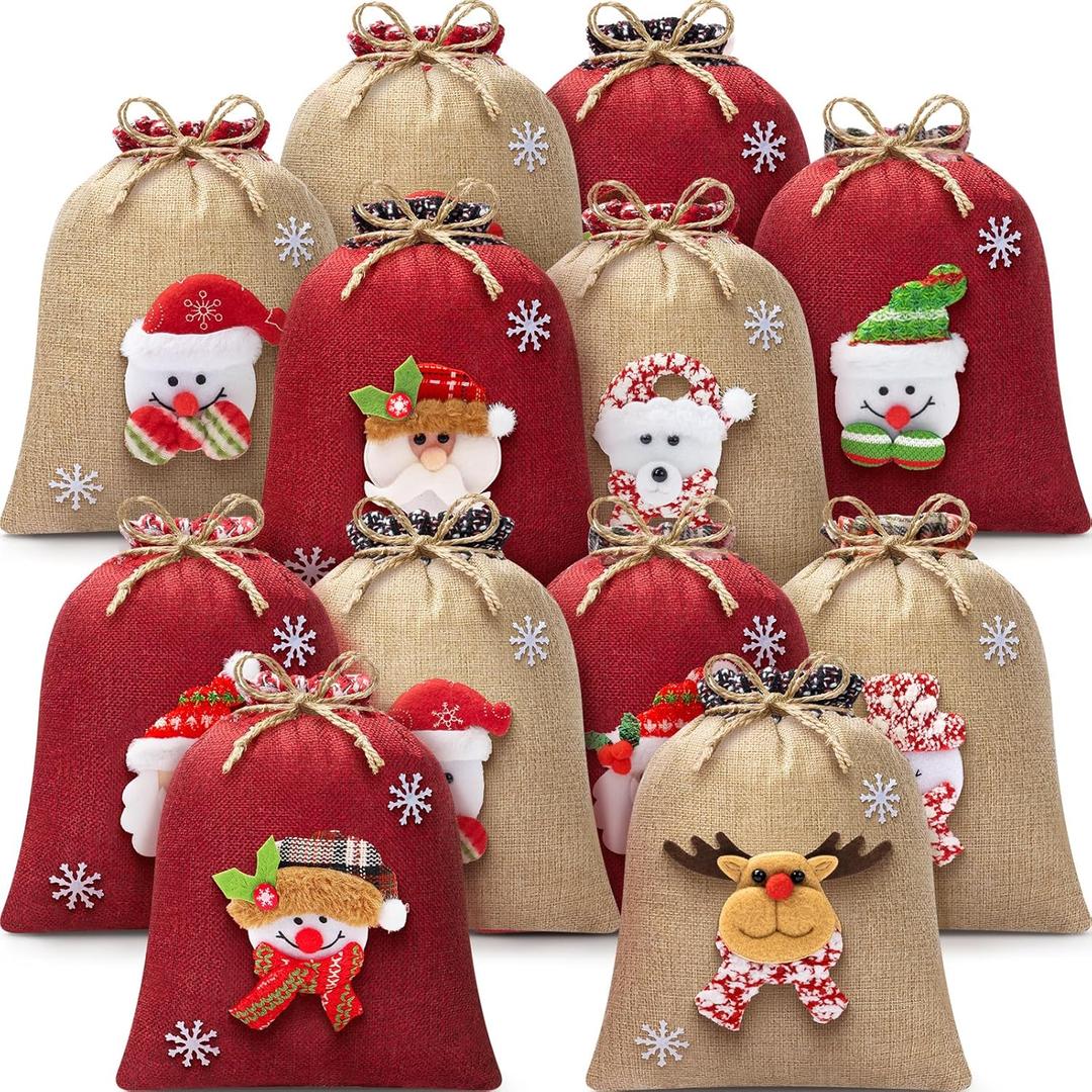 12Pcs Burlap Christmas Gift Bags with Drawstring, 8x10in 3D Doll Christmas Goody Gift Bags Small Jute Xmas Candy Bag, Linen Treat Reusable Xmas Gifts Wrapping Bag Holiday Party Favor Decor Santa Sacks (Burlap & Burgundy Red)
