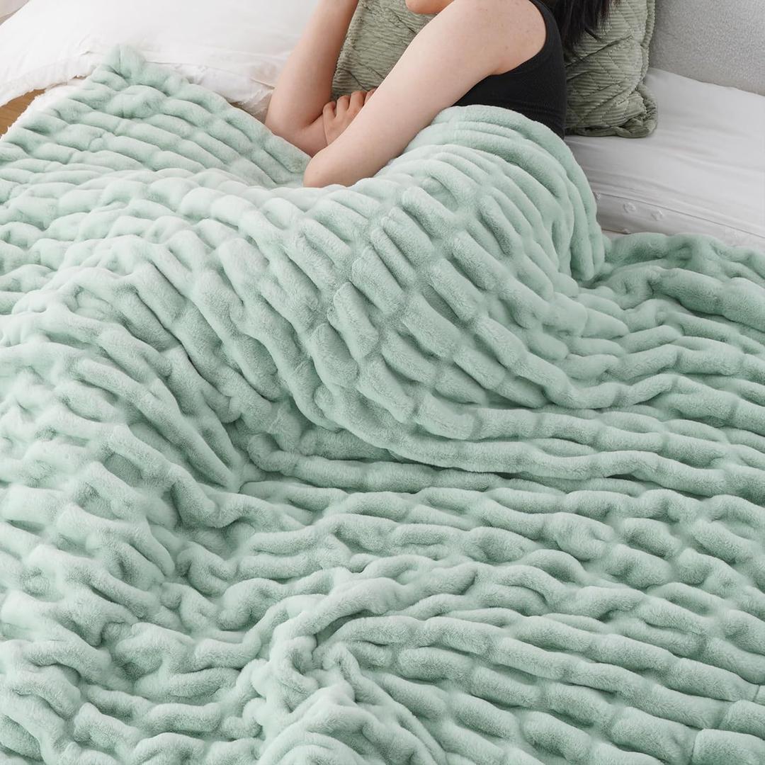 BATTILO HOME Large Faux Fur Throw Blanket for Couch, Sage Green Throw Super Soft Cozy Blanket, Double Side Ruched Rabbit Fur Blanket for Bed, Living Room, 60"x80"