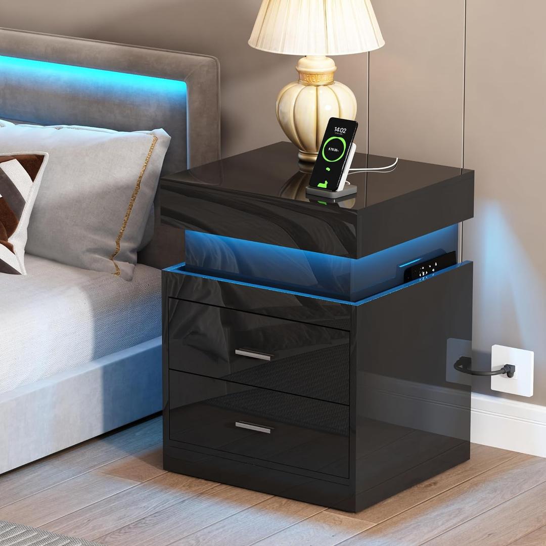 ChooChoo LED Nightstand with Charging Station,Smart Night Stand with Sliding Top Storage, 2-Drawers High Gloss Bedside Table, Modern End Table for Bedroom,Black (1 Pack)