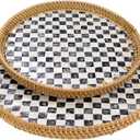 2 Pcs 11.8in & 13.8in Round Rattan Mother of Pearl Inlay Serving Tray