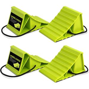 HOXWELL 2 Pair Wheel Chocks for Travel Trailers, Non Slip Heavy Duty Green Wheel Chock with Rope, Lightweight Wheel Stoppers for Cars Campers Trucks RVs, Easy to Carry & Suitable for Most Tyre Sizes