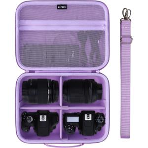 L LTGEM Medium Camera Case Compatible with Canon/Sony/Nikon DSLR Mirrorless Camera and Multiple Lens, Hard Travel Carrying Case with 3 Dividers and Shoulder Strap, Purple