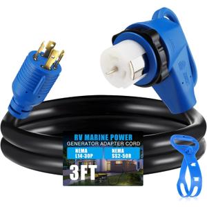 Kanayu 3FT NEMA L14-30P to SS2-50R RV Marine Power Generator Adapter Cord, 30A 4 Prong Locking Generator L14-30P Male to 50A Marine Shore Power 90 Degree Right Angle SS2-50R Female, ETL Listed