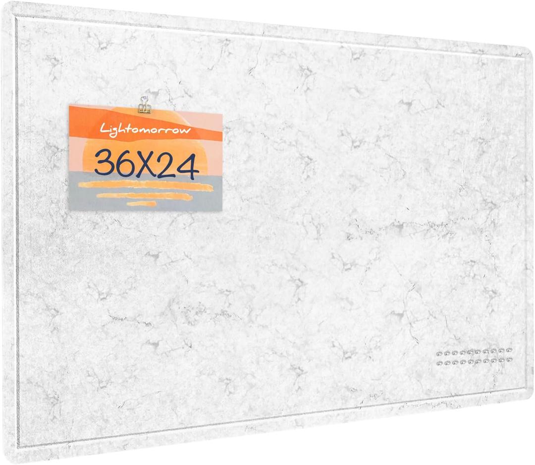 Lightomorrow Bulletin Board, 36 x 24 inches Felt Board - Decorative Pin Board, Cork Board Alternative for Wall, 3' x 2' Foldable Self-Adhesive Vision Board with 20 Pushpins - Marble White, 3624 inches