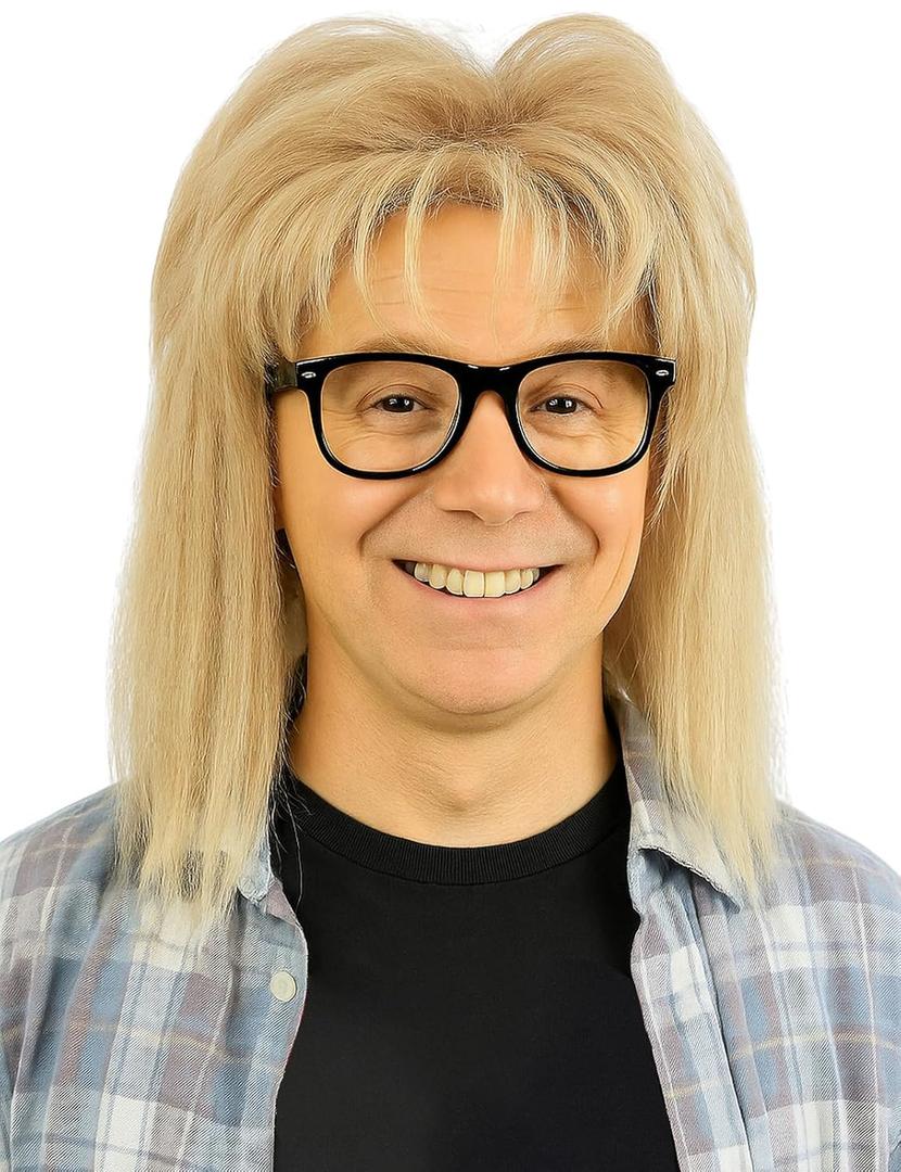 Men's Blonde Mullet Wig with Glasses - 80s Blonde Hair Wigs for Men & Women Funny Halloween Costume Style Blond Male Wig (Blonde)