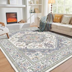 OPPODREAM Area Rug 5x7, Ultra Soft 5x7 Rugs for Living Room, Washable Rugs for Bedroom with Non Slip Backing, Faux Cashmere Low-Pile 5 x 7 Carpet, Purple & Green & Cream