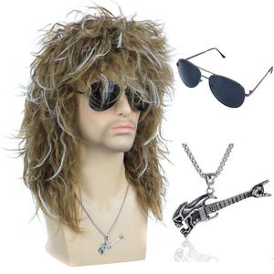 morvally Men's Women 80s Rocker Mullet Wig with Glasses and Necklace Long Blonde Curly Glam Rock-Rockstar Wig Perfect for Halloween, Cosplay, DIY Themed Costume Party